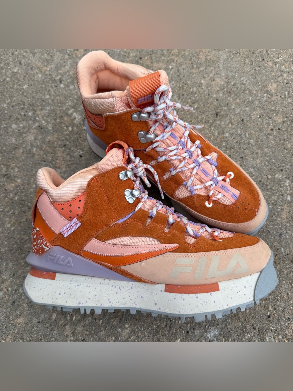 Fila Renno Multi Trekking Hi Shoes Womens 10 Orange Purple Suede Chunky Sneakers